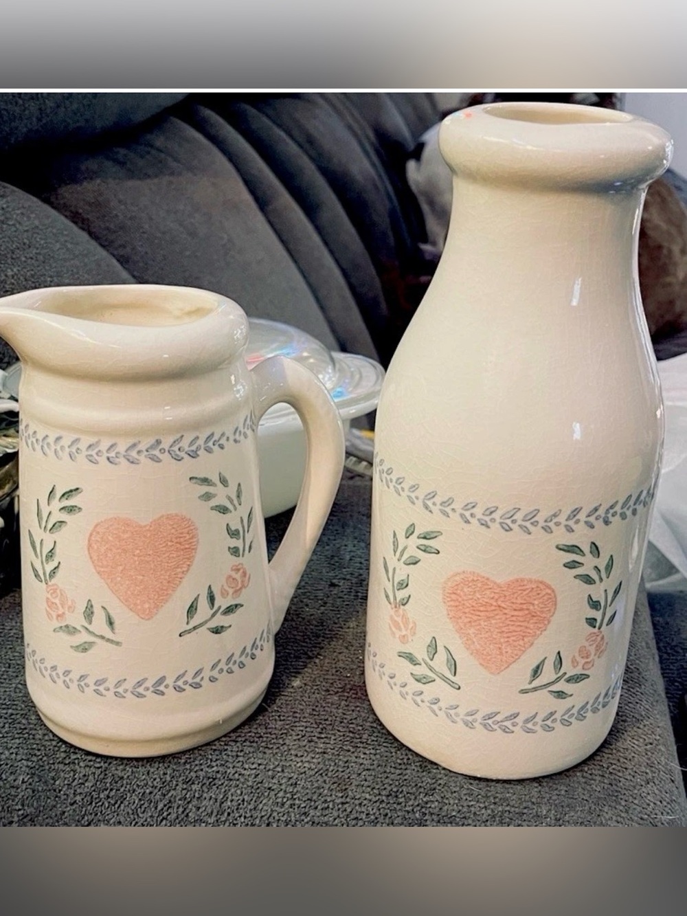 VTG Crock Shop Santa Ana Stoneware Milk Bottle & Pitcher Set Pink Country Heart